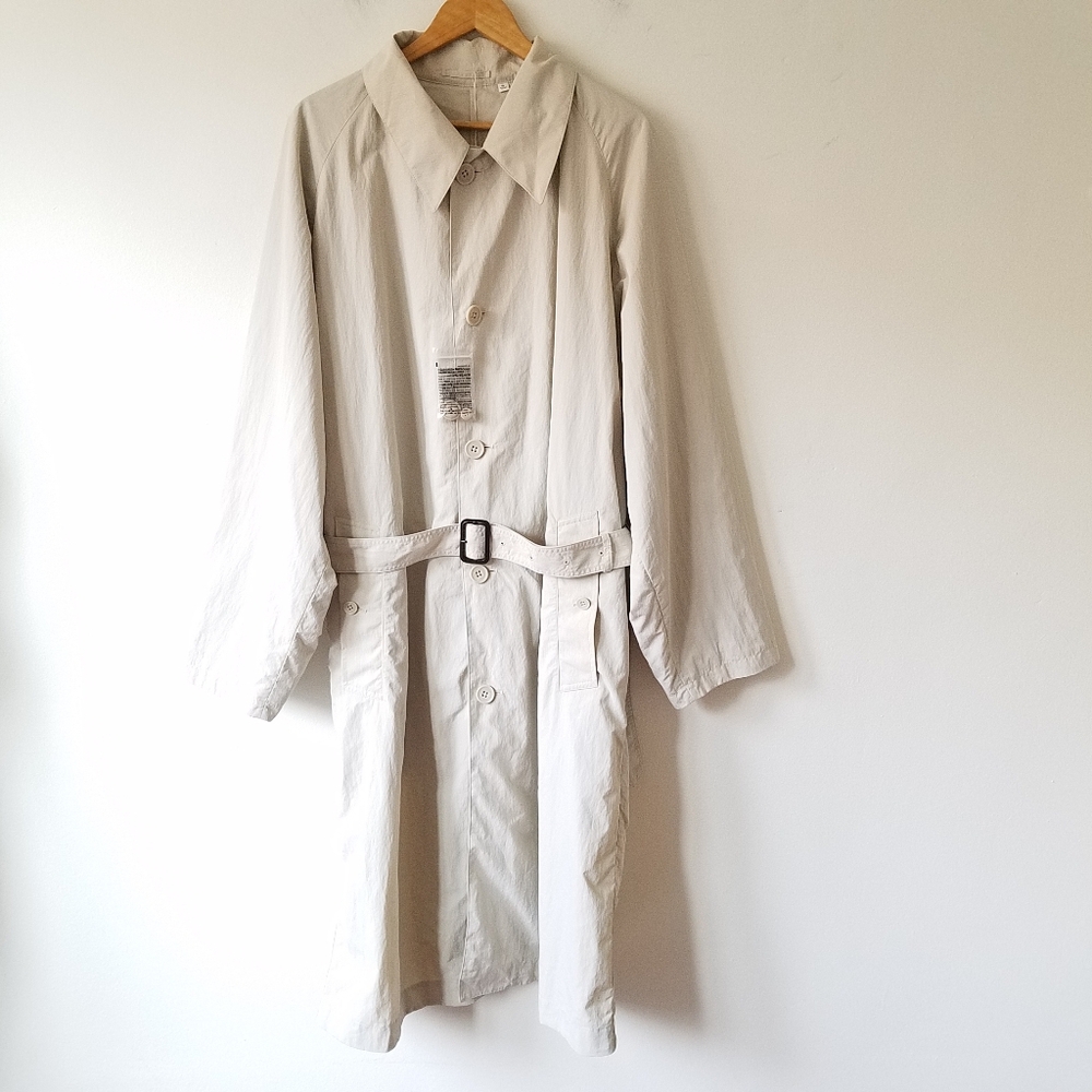 Uniqlo Trench Coat Natural Nylon  Button Front Long Jacket Size XL